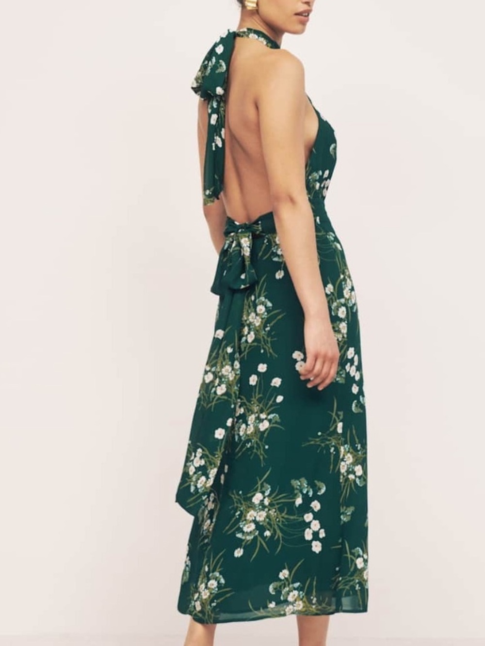 Reformation Green Floral Backless Halter Midi Dress